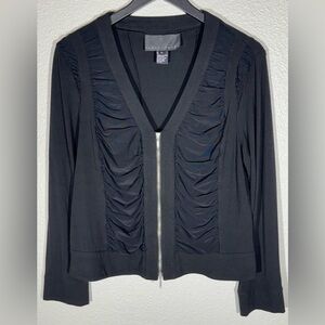 Yansi Fugel Black Knit Ruched Long Sleeve Top with Silver Zip Front